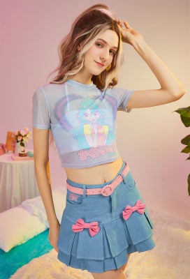 Officially Licensed Winx Club Costume Mini Skirt Y2K | High Waist Blue Denim Casual Fitted Hem Layered Skirt - Women XL