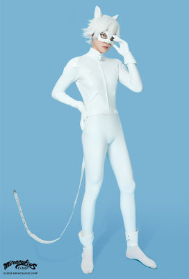 Officially Licensed Miraculous Cat Blanc Cosplay Costume | White Elastic Leather Jumpsuit for Halloween Costume - S