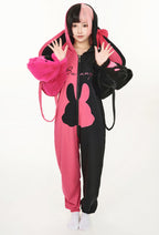 Cherry Bunny Women Sweet Black and Pink Heart Bunny Pattern Hooded Onesie Pajama with Furry Paw Bag - Women L