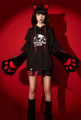 [Officially Licensed] Emily the Strange Halloween Costume Black Bad Kitten Club Print Cat Pullover Hoodie with Furry Paw Gloves - S/M