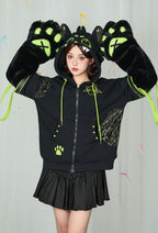 Micotaku Dragon Paw Hoodie Black and Green Zip Up Hoodie Daily Wear - S/M
