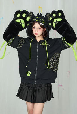 Micotaku Dragon Paw Hoodie Black and Green Zip Up Hoodie Daily Wear - S/M