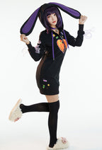 Lollipop Bunny Women Black Purple Bunny Print Hooded Onesie Pajama Dress Kawaii Sleepwear for Adults - Women M