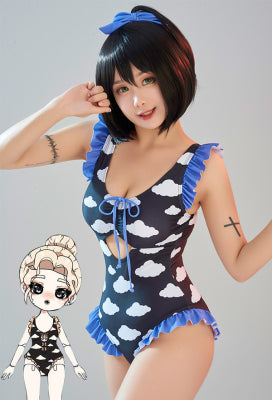 [Officially Licensed] Fluffy Cloud Women Dark Black Purple Cloud Cutout One Piece Swimsuit - Women S