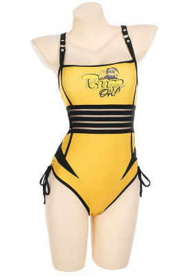Officially Licensed Miraculous Vesperia Swimsuit | Women's Yellow and Black Lace-Up One-Piece Bathing Suit - Women L