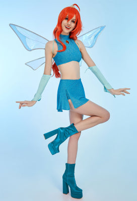 Officially Licensed Winx Club Bloom Cosplay Halloween Fairy Costume | Blue Tops and Skirt with Fairy Wings - Women S