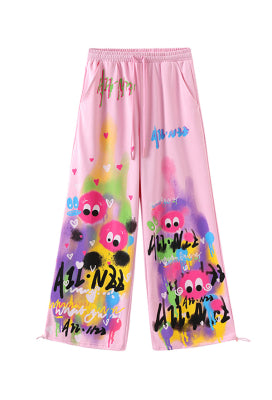 Graffiti Dream Women Y2K Style Pink Rainbow Print High Waist Wide-leg Pants for Summer - XL