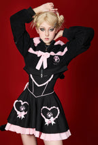 Micotaku Heart Kitty Black and Pink Paw Hoodie Dress Set with Bows Daily Wear - Women S