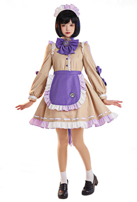 [Officially Licensed] Lilac Charm Kawaii Dark Skull Print Maid Cosplay Costume with Bowknot Apron - Women L