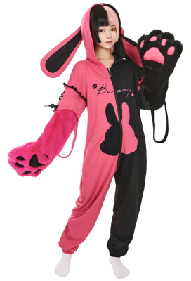 Cherry Bunny Women Sweet Black and Pink Heart Bunny Pattern Hooded Onesie Pajama with Furry Paw Bag - Women XXL