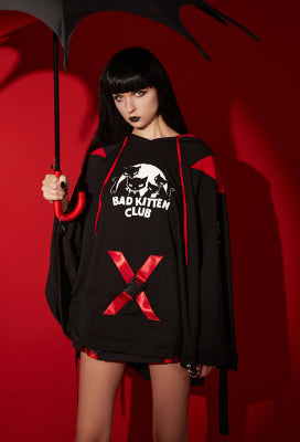 [Officially Licensed] Emily the Strange Black Bad Kitten Club Print Hooded Halloween Cloak Costume - L/XL