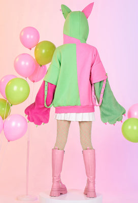 Zombie Puppy-Kitten Pink Green Pullover Hoodie with Detachable Furry Cat Paw Gloves - 1X-2X