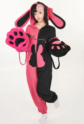 Cherry Bunny Women Sweet Black and Pink Heart Bunny Pattern Hooded Onesie Pajama with Furry Paw Bag - Women M