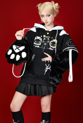 Micotaku Cute but Sharp Cat Hoodie Black and White Furry Paw Hoodie Daily Wear - L/XL