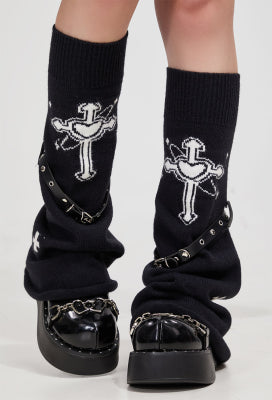 Women Black Harajuku Leg Warmers With Leather Harness And Cross Decoration - One Size