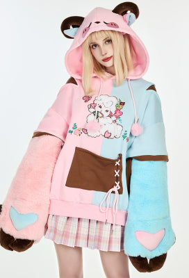 Micotaku Sheep Paw Hoodie Color Clash Hoodie Daily Wear - L/XL