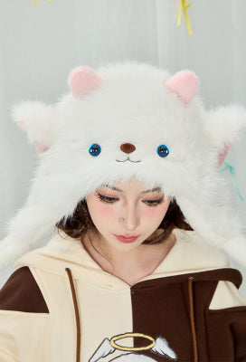Micotaku Little Sheep White Plush Thickened Warm Hat with Squeeze Movable Ears Furry Accessories - One Size