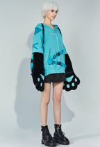 Micotaku Black Blue Dizzy Kitten Furry Paw Zip-up Hoodie - 1X-2X