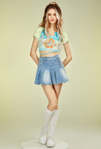 Officially Licensed Winx Club Mini Skirt Y2K High Waist Blue Denim Casual Fitted Pleated Skirt - Women L