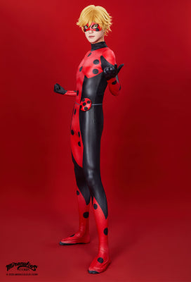 Officially Licensed Miraculous Mister Bug Cosplay Costume | Black And Red Elastic Jumpsuit for Halloween Costume - Women M