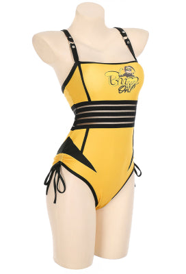 Officially Licensed Miraculous Vesperia Swimsuit | Women's Yellow and Black Lace-Up One-Piece Bathing Suit - Women XL