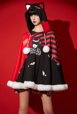 [Officially Licensed] Emily the Strange Striped Plush Hem Print Hooded Halloween Cloak Costume - S/M