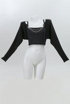 Micotaku Women Black Long Sleeve Crop Knit Cardigan with Chain - Women S