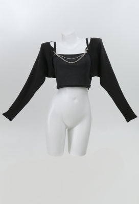 Micotaku Women Black Long Sleeve Crop Knit Cardigan with Chain - Women S