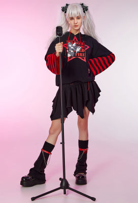 Officially Licensed Winx Club Bloom Costume Print Hoodie Long Sleeved Black Red Stripe Daily Wear - L/XL
