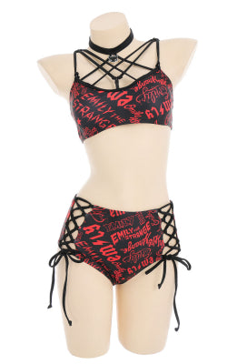 [Officially Licensed] Emily the Strange Shadow Chic Two-Piece Swimsuit Print Halter Pentagram Top and Lace-up Bottom - Women M