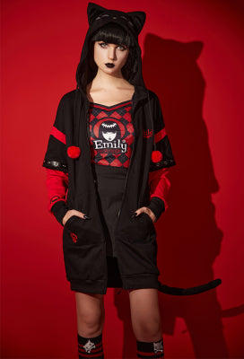 [Officially Licensed] Emily the Strange Black Red Long Sleeves Zipper Hooded Halloween Pajama Dress - Women XXL
