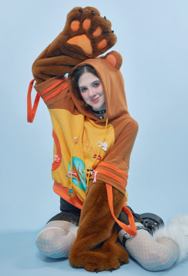 Honey Bear Graphic Pullover Hoodie Cute Style Brown Bee Pattern Hoodie with Furry Cat Paw Gloves - S/M