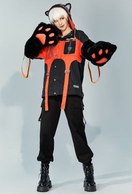 Cyberpunk Kitten Strap Decorated Hooded Jacket and Detachable Skirt Set with Furry Cat Paw Bag - S/M