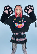 Candy Bunny Cartoon Graphic Bunny Ear Hoodie Cute Style Black and Pink Pullover Hoodie with Furry Cat Paw Gloves - L/XL