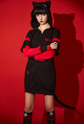 [Officially Licensed] Emily the Strange Black Red Long Sleeves Zipper Hooded Halloween Pajama Dress - Women M
