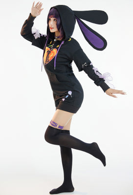 Lollipop Bunny Women Black Purple Bunny Print Hooded Onesie Pajama Dress Kawaii Sleepwear for Adults - Women L