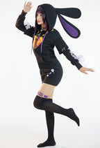 Lollipop Bunny Women Black Purple Bunny Print Hooded Onesie Pajama Dress Kawaii Sleepwear for Adults - Women L