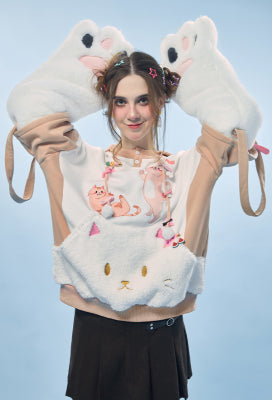 Glamorous Kitten Cartoon Graphic Cat Pullover Hoodie Cute Style Khaki Hoodie with Furry Cat Paw Gloves - S/M