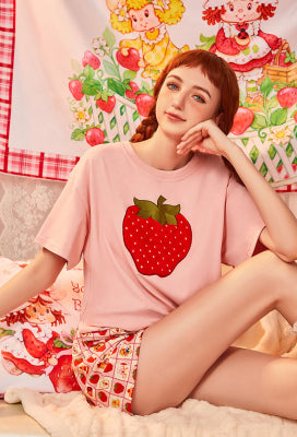 [Officially Licensed] Strawberry Shortcake x Micotaku Strawberry Cupcake Loungewear Short And Top Set - Women L