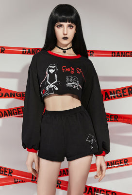 [Officially Licensed] Emily The Strange Micotaku Emily Strange Print Loungewear Set Women Comfy Long-Sleeve Homewear - Women L