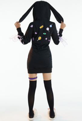 Lollipop Bunny Women Black Purple Bunny Print Hooded Onesie Pajama Dress Kawaii Sleepwear for Adults - Women XL