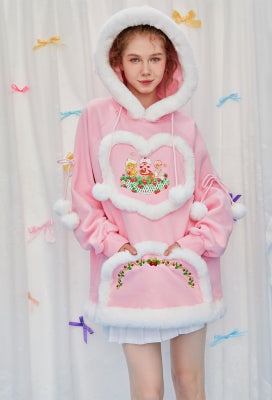 [Officially Licensed] Strawberry Shortcake × Micotaku Pink Plush Heart Hoodie - L/XL