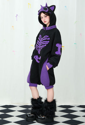 Micotaku Black and Purple Cat Skull Plush Onesie Pajama - XL