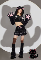Micotaku Paw Hoodie Skirt Set Women Black Dizzy Cat Hoodie Daily Wear - Women L