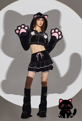 Micotaku Paw Hoodie Skirt Set Women Black Dizzy Cat Hoodie Daily Wear - Women L
