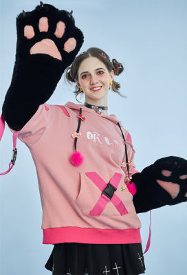 Dreaming Kitten Cat Pullover Furry Hoodie Cute Style Pastel Character Pattern Hoodie with Plush Cat Paw Gloves - S/M