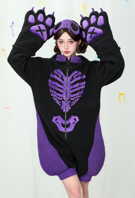 Micotaku Black and Purple Cat Skull Plush Onesie Pajama - S