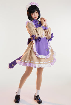 [Officially Licensed] Lilac Charm Kawaii Dark Skull Print Maid Cosplay Costume with Bowknot Apron - Women XS