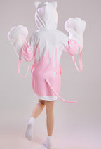 Strawberry Recipe Women Adult Strawberry Milk Print Hooded Onesie Dress Kigurumi Sleepwear with Furry Paw Gloves - Women L