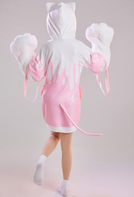 Strawberry Recipe Women Adult Strawberry Milk Print Hooded Onesie Dress Kigurumi Sleepwear with Furry Paw Gloves - Women L